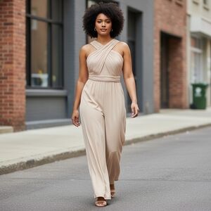 Stacees Halter Formal Jumpsuit Wirh Flowy Legs In Champagne Color Size 8